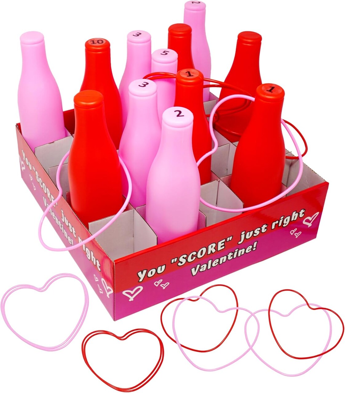 4E's Novelty Valentine Bottle Ring Toss Game for Kids & Adults – Red/Pink Indoor Outdoor Carnival Party Game, Classroom Valentine Activity with Bottles & Heart Rings, Easy Setup